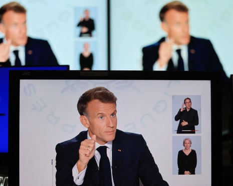 President Emmanuel Macron speaks during an interview with France 2 and TF1 at the Elysee Presidential Palace, in Paris.