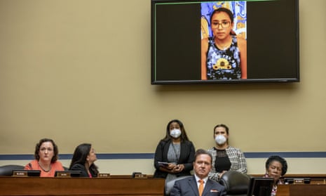 Miah Cerrillo, a fourth grade student at Robb Elementary School in Uvalde, Texas, and survivor of the mass shooting appears on a screen during a House Committee on Oversight and Reform hearing on gun violence on Capitol Hill in Washington, Wednesday, June 8, 2022.(Jason Andrew//The New York Times via AP, Pool)