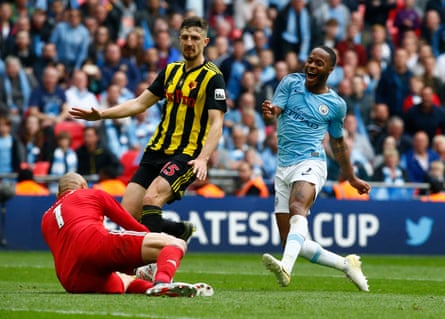 Raheem Sterling shoots in the FA Cup final against Watford at Wembley in May 2019
