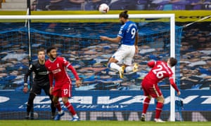 Everton’s Dominic Calvert-Lewin scores with a header against Liverpool in October 2020