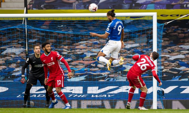 Everton’s Dominic Calvert-Lewin scores with a header against Liverpool in October 2020