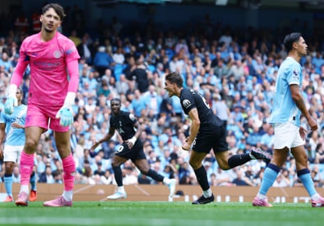 Joao Palhinha of Tottenham Hotspur celebrates scoring the visitors’ second goal at the Etihad.