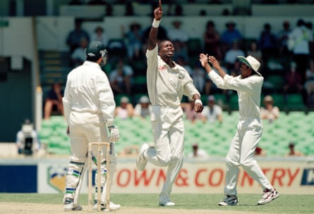 Curtly Ambrose celebrates having Australia’s Steve Waugh caught behind at the Waca in Perth in 1997.