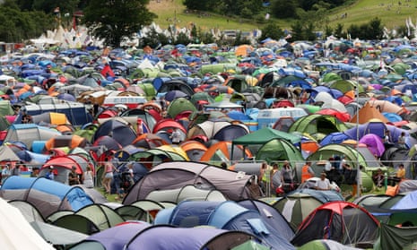 A campsite full of tents at the Glastonbury Festival, at Worthy Farm in Somerset in July 2015.