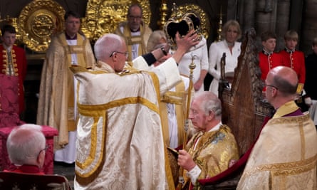 King Charles III is crowned with St Edward’s Crown by The Archbishop of Canterbury the Most Reverend Justin Welby during his coronation ceremony in Westminster Abbey, London, UK, 06 May 2023