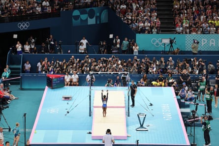 Simone Biles in action during the women’s all-around finals artistic gymnastics.