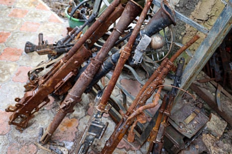 Old weapons and ammunition collected in the yard of a workshop in the Russian-occupied Donetsk region.