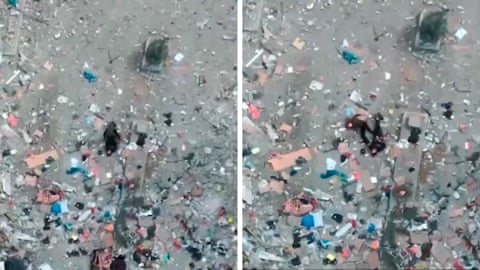 Two pictures from above. The first shows a figure lying the ground. The second has two figures on the ground next to each other dqxikeidqkikdinv