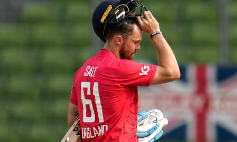Phil Salt walks off after losing his wicket in the second T20 in Bangladesh