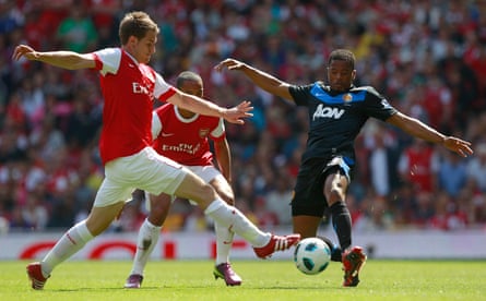 Evra playing for Manchester United against Arsenal in the English Premier League, 2011.