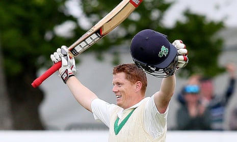 Kevin O’Brien celebrates his century during Ireland’s inaugural test match against Pakistan.