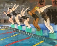 A still artwork from Papillon showing swimmers competing at the 1936 Olympics, swastikas in the background