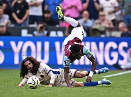 West Ham’s Mohammed Kudus goes flying following a challenge with Chelsea’s Marc Cucurella at the London Stadium