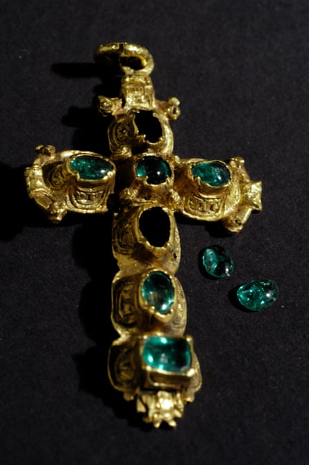 Auction house in Guernsey selling treasure from the Spanish galleon Nuestra Senora de Atocha, her sister ship Santa Margarita and a fleet which sank in 1715. Shown is an emerald cross