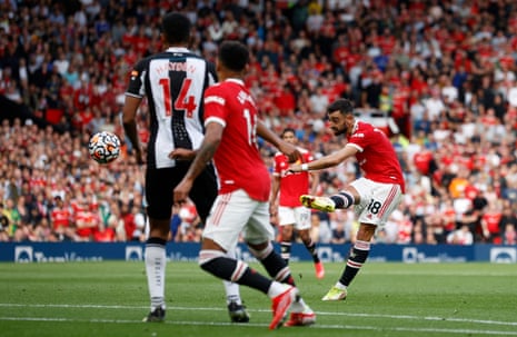 Manchester United’s Bruno Fernandes scores their third goal.