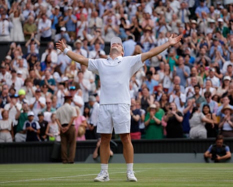 Arthur Fery celebrates victory over Grigor Dimitrov in five sets.
