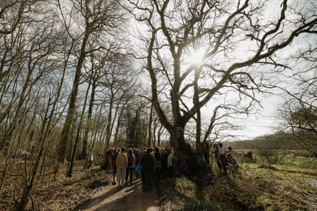 Festival-goers sing to the ‘grandmother tree’.