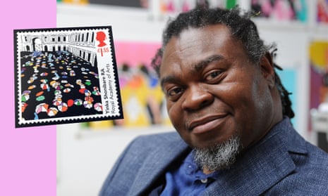 Found the politics ban tricky … Yinka Shonibare in his London studio, and his umbrella-filled stamp to celebrate the Royal Academy’s 250th anniversary.