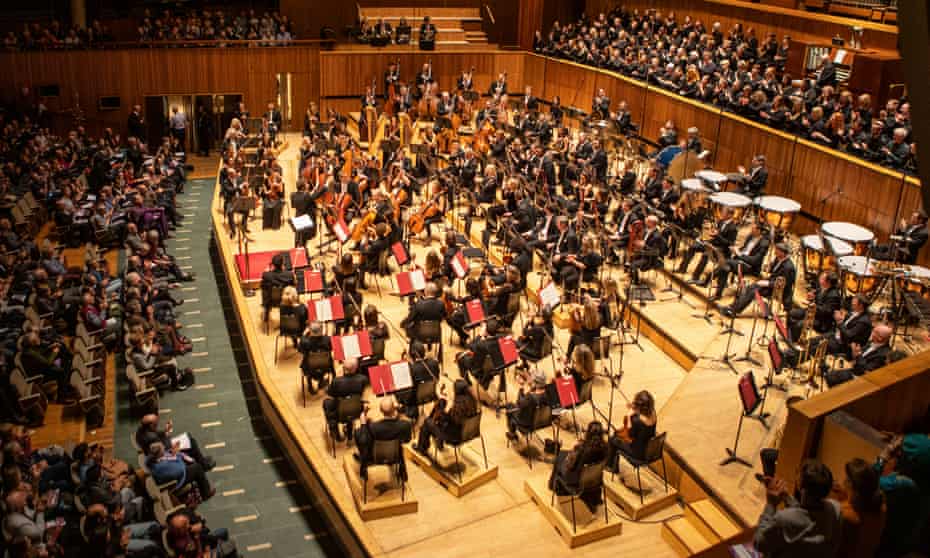 A London orchestra - and its six-strong all-male percussion back row - playing at the Royal Festival Hall in February 2020.