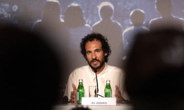 Director Ali Abbasi speaks at a press conference about his film The Apprentice in Cannes.