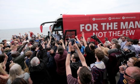 Jeremy Corbyn on the Labour battlebus in Scarborough.
