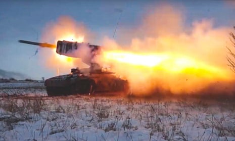 A Russian multiple rocket launcher is fired during military drills near Orenburg, Russia, in December 2021. 