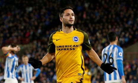 Florin Andone celebrates scoring Brighton’s second goal against Huddersfield.
