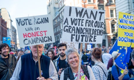 Protesters march through London to demand a people’s vote on Brexit on 20 October.