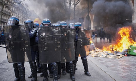 Riot police in Paris during protests on Saturday against raising the pension age.
