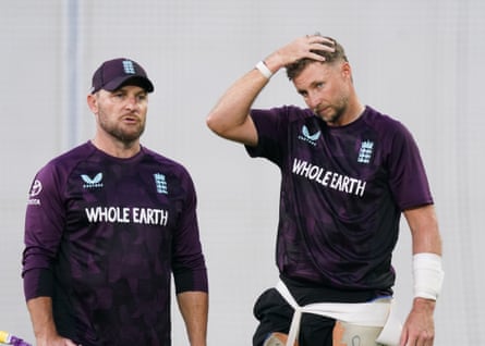 England’s Joe Root and the head coach, Brendon McCullum, during a net session at the Gabba