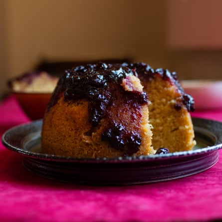 Blackcurrant jam sponge pudding.