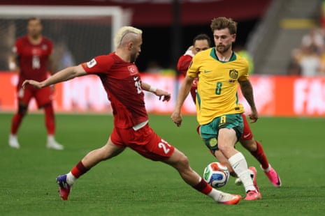 Connor Metcalfe #8 of Australia takes on Baris Alper Yilmaz #21 of Turkiye
