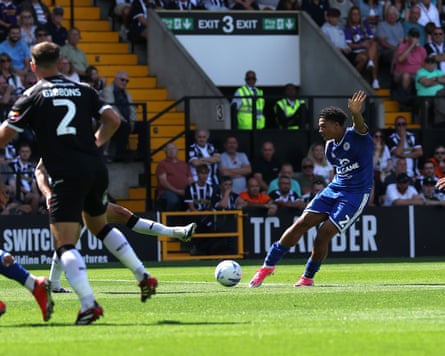 Jayden Joseph scoring Leicester’s goal in their game against Notts County