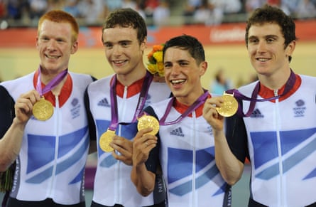 A youthful Geraint Thomas alongside Ed Clancy, Steven Burke and Peter Kennaugh after winning Olympic gold in the men’s team pursuit at London 2012