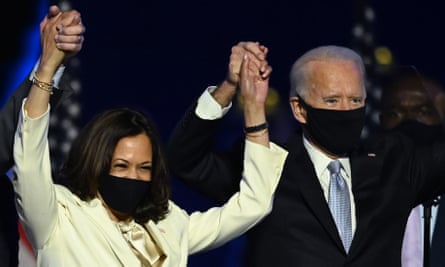 Kamala Harris and Joe Biden celebrate in Wilmington, Delaware, on 7 November after being declared winners of the 2020 election.