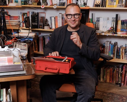 Canadian-British blogger, journalist and science fiction author Cory Doctorow types on an Olivetti typewriter he recently acquired in his home office in Los Angeles.