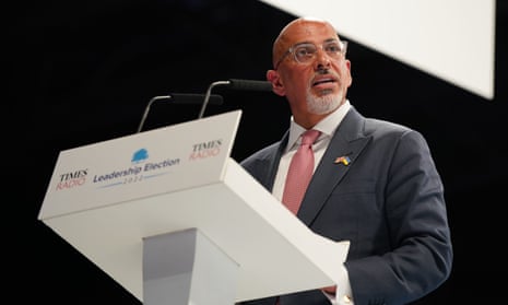 The chancellor, Nadhim Zahawi, introduces Liz Truss at a hustings event at the NEC in Birmingham as part of her campaign to be leader of the Conservative party and the next prime minister.