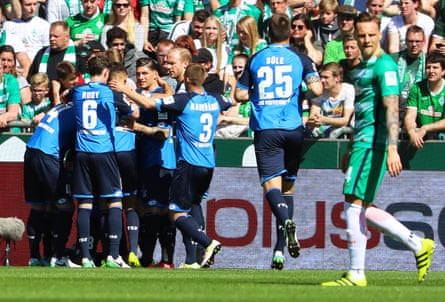 Hoffenheim players celebrate during their win.