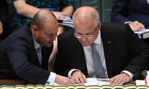 Prime minister Scott Morrison and Treasurer Josh Frydenberg during Question Time in the House of Representatives, at Parliament House, in Canberra, 3 April 2019