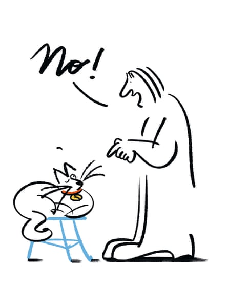 Illustration of a particular person asserting no to a cat sat on a stool