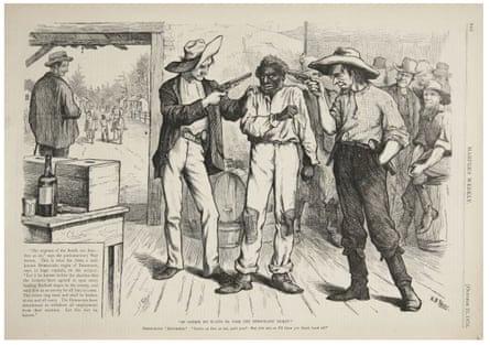 A cartoon depicts intimidation techniques used to suppress southern black votes in the election of 1876.