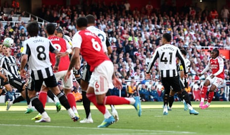 Eberechi Eze curls a shot into the Newcastle goal.