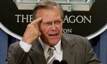 Donald Rumsfeld giving a press conference about revamping space defence policies at the Pentagon in 2001.
