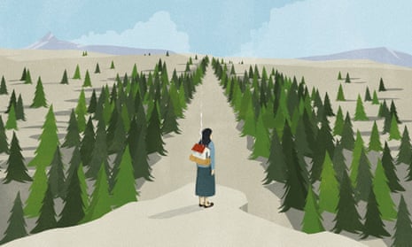Illustration of woman looking along on a long path through a forest carying a miniature house on her back