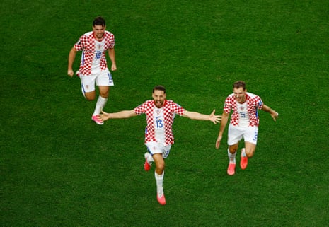 Nikola Vlasic celebrates scoring their second goal with Josip Stanisic and Martin Baturina