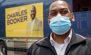 Charles Booker arrives at a campaign stop on the day of the primary election in Louisville, Kentucky, on June 23.