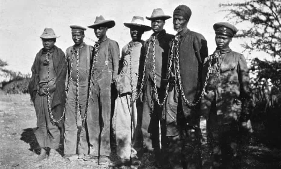 Seven Herero men in chains in what was then German South West Africa but is now Namibia.