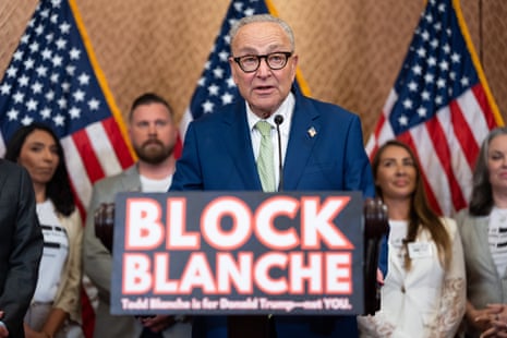 Chuck Schumer speaking at a press conference with Jeffrey Epstein Survivors in the Capitol Building on 15 July 2026 in Washington DC.