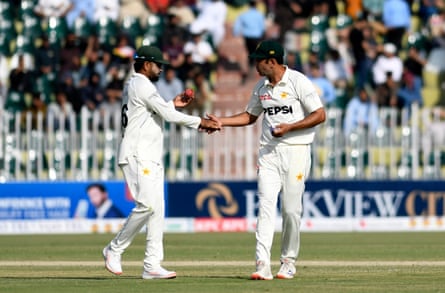 Pakistan’s Asif Afridi (right) celebrates with Babar Azam after taking his sixth South Africa wicket in Rawalpindi in October 2025