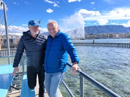Pascal Baudin, left, and René Rottenberg standing on a jetty on Lake Geneva in the sun